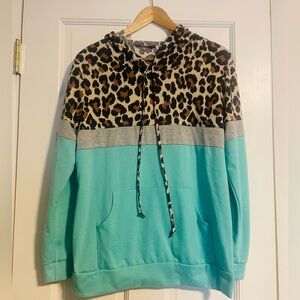 Pink Lily-teal and cheetah print hoody, size medium